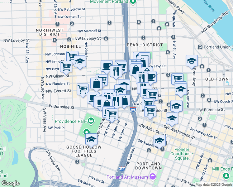 map of restaurants, bars, coffee shops, grocery stores, and more near 1631 Northwest Everett Street in Portland
