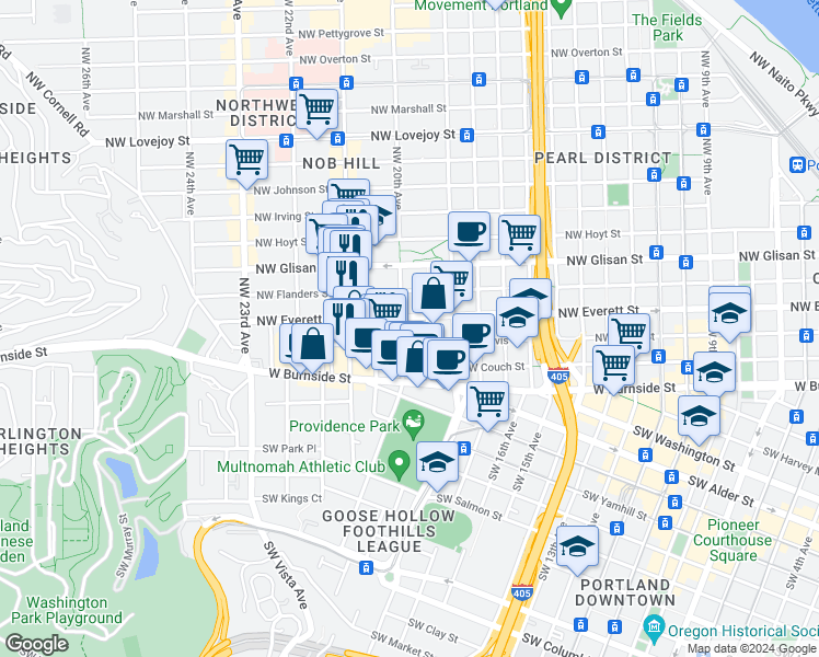 map of restaurants, bars, coffee shops, grocery stores, and more near 311 Northwest 20th Avenue in Portland