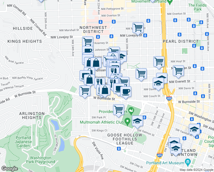 map of restaurants, bars, coffee shops, grocery stores, and more near 2149 Northwest Everett Street in Portland