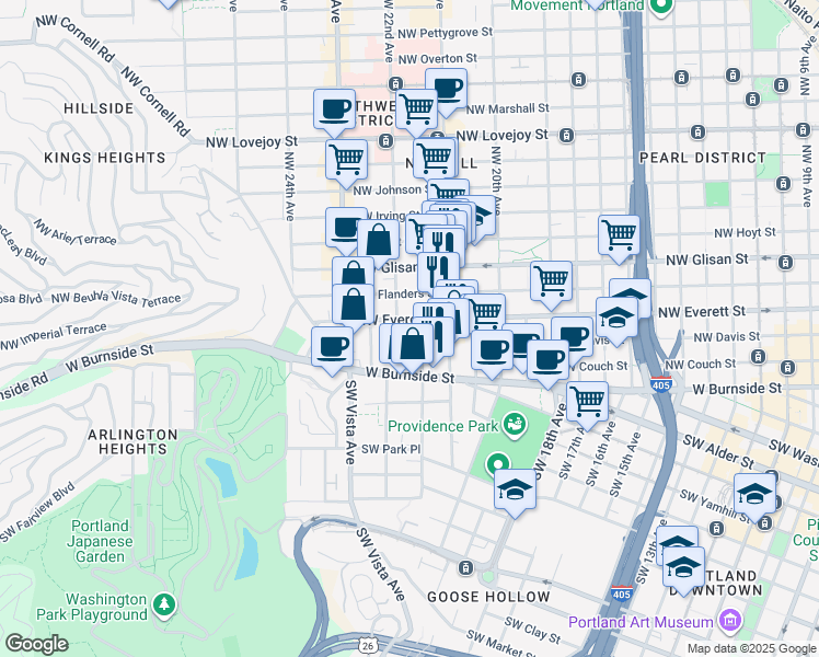 map of restaurants, bars, coffee shops, grocery stores, and more near 2149 Northwest Everett Street in Portland