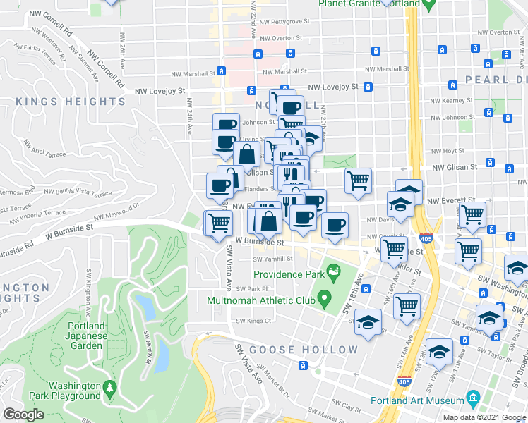 map of restaurants, bars, coffee shops, grocery stores, and more near 2149 Northwest Everett Street in Portland