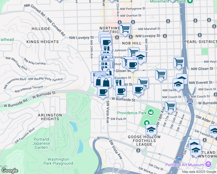 map of restaurants, bars, coffee shops, grocery stores, and more near 307 Northwest 23rd Avenue in Portland