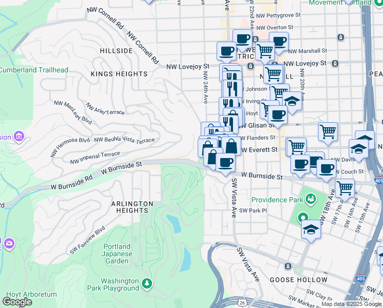 map of restaurants, bars, coffee shops, grocery stores, and more near 310 Northwest Uptown Terrace in Portland