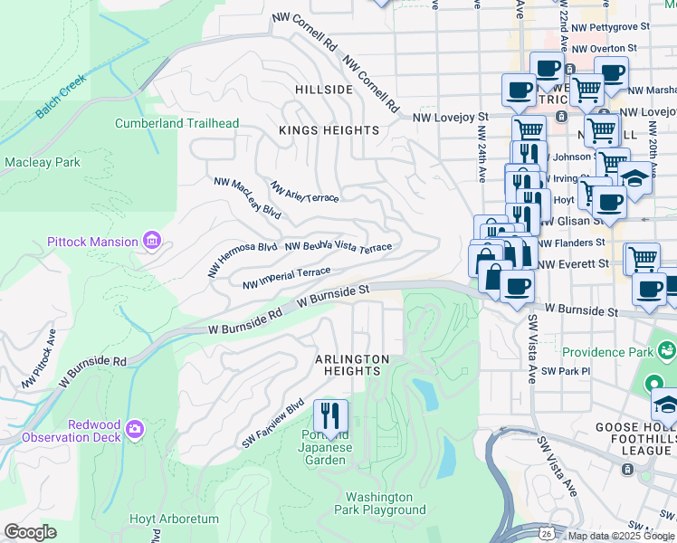 map of restaurants, bars, coffee shops, grocery stores, and more near 2730 Northwest Calumet Terrace in Portland