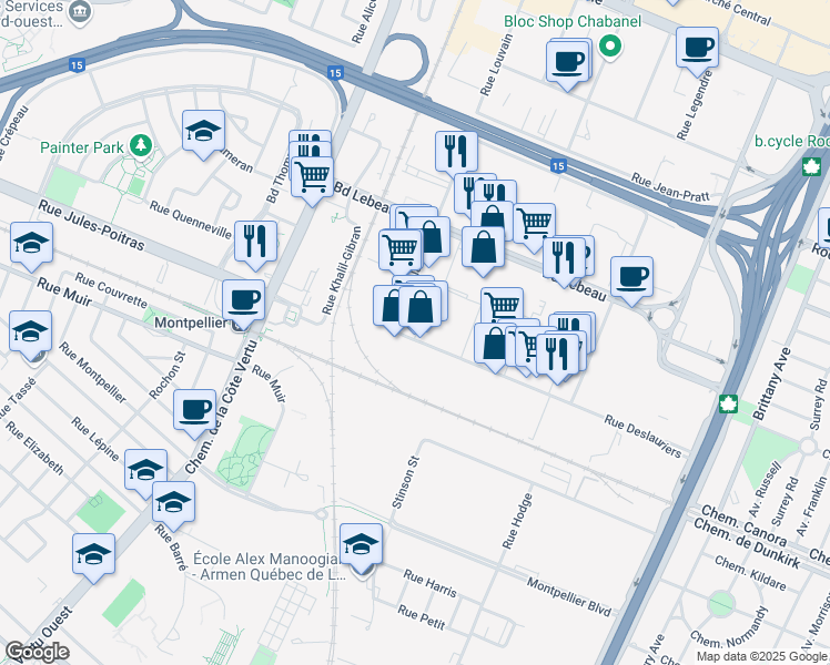map of restaurants, bars, coffee shops, grocery stores, and more near 555 Rue Deslauriers in Montréal