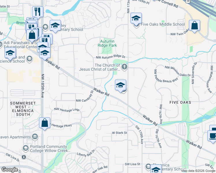 map of restaurants, bars, coffee shops, grocery stores, and more near 17580 Northwest Woodmere Court in Beaverton
