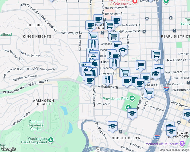 map of restaurants, bars, coffee shops, grocery stores, and more near 2284 Northwest Everett Street in Portland