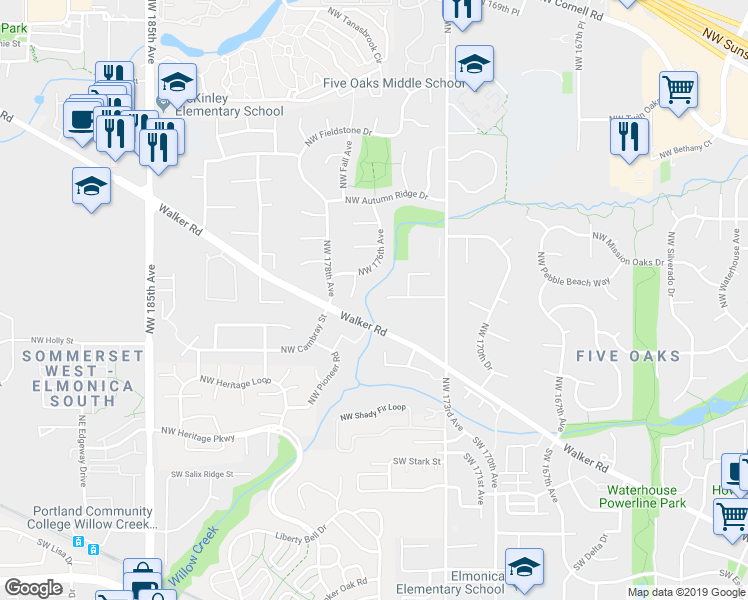 map of restaurants, bars, coffee shops, grocery stores, and more near 17580 Northwest Woodmere Court in Beaverton
