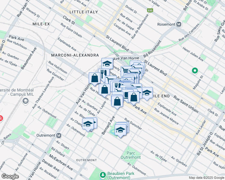 map of restaurants, bars, coffee shops, grocery stores, and more near 5915 Avenue du Parc in Montréal