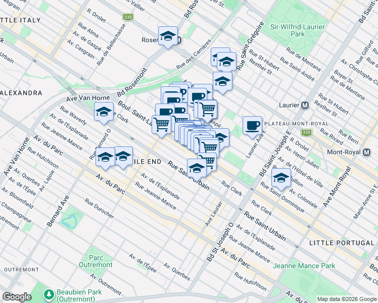 map of restaurants, bars, coffee shops, grocery stores, and more near 5338 Boulevard Saint-Laurent in Montréal
