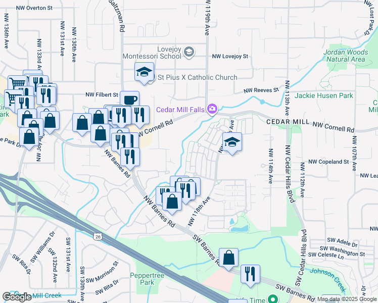 map of restaurants, bars, coffee shops, grocery stores, and more near 615 Northwest Lost Springs Terrace in Portland