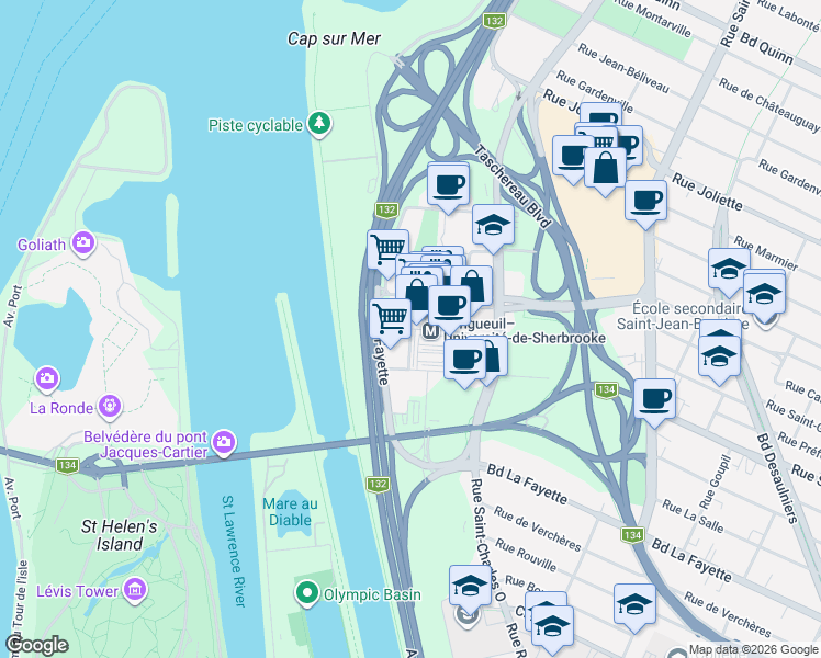 map of restaurants, bars, coffee shops, grocery stores, and more near Rue de Sérigny in Longueuil
