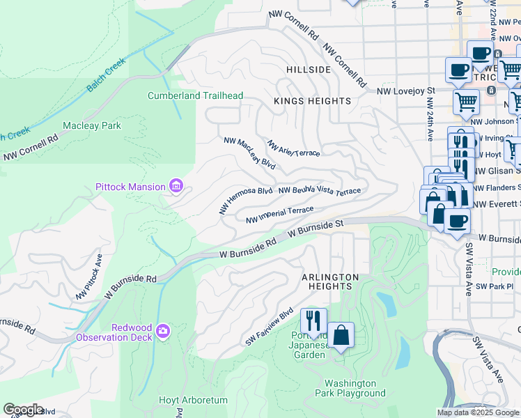 map of restaurants, bars, coffee shops, grocery stores, and more near 2936 Northwest Verde Vista Terrace in Portland
