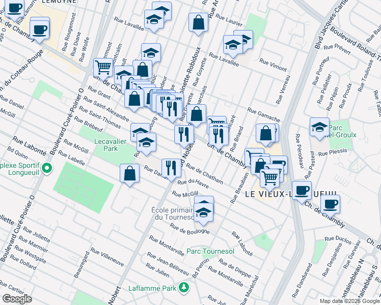 map of restaurants, bars, coffee shops, grocery stores, and more near 2319 Rue Lépine in Longueuil