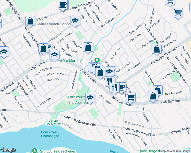 map of restaurants, bars, coffee shops, grocery stores, and more near 355-L Boulevard Samson in Laval