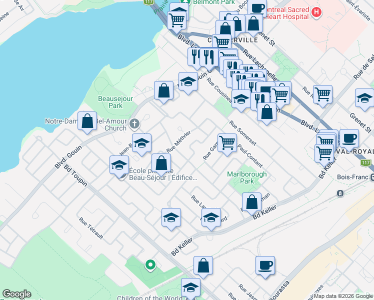 map of restaurants, bars, coffee shops, grocery stores, and more near 6863 Avenue Léon-Trépanier in Montréal