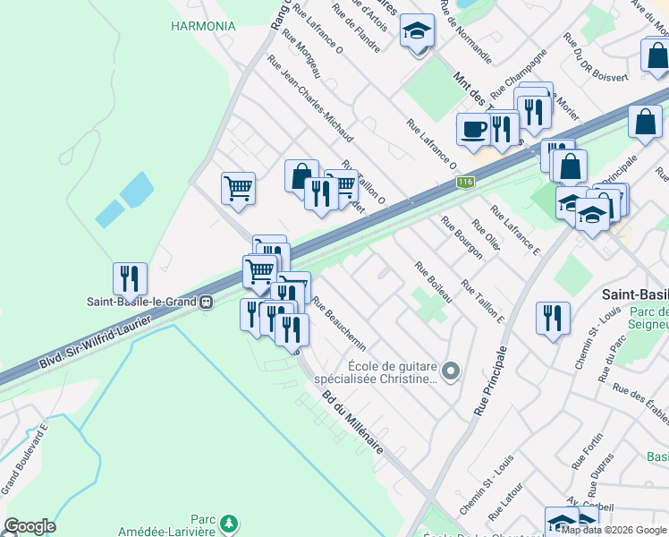 map of restaurants, bars, coffee shops, grocery stores, and more near 30 Rue Augustin-d'Arche in Saint-Basile-le-Grand