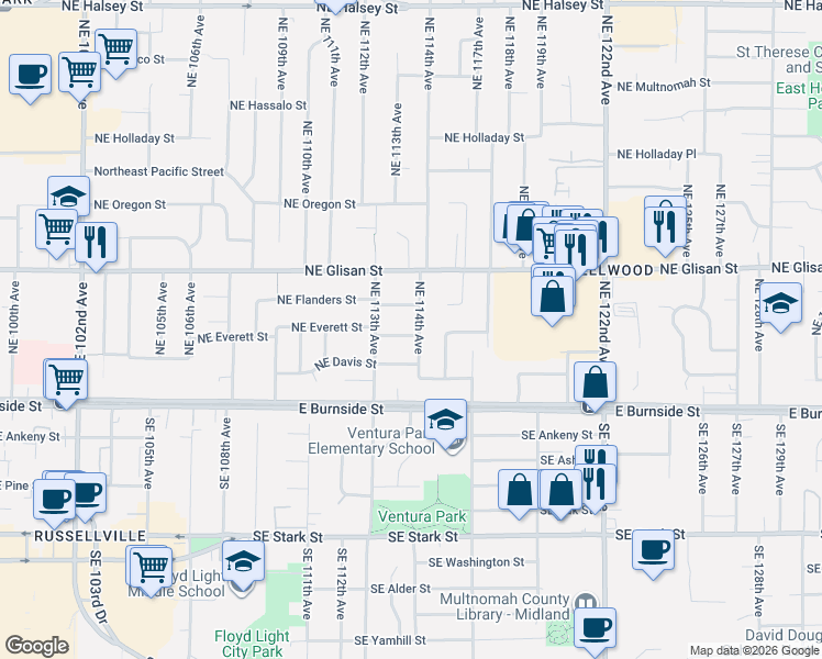 map of restaurants, bars, coffee shops, grocery stores, and more near 333 Northeast 114th Avenue in Portland