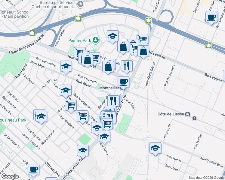 map of restaurants, bars, coffee shops, grocery stores, and more near 1168 Rue Couvrette in Montréal