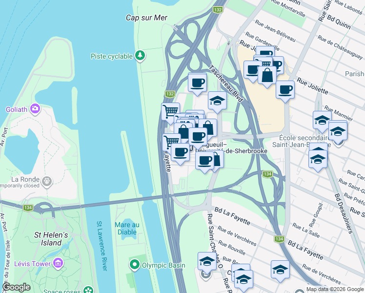 map of restaurants, bars, coffee shops, grocery stores, and more near 101 Place Charles-Le Moyne in Longueuil