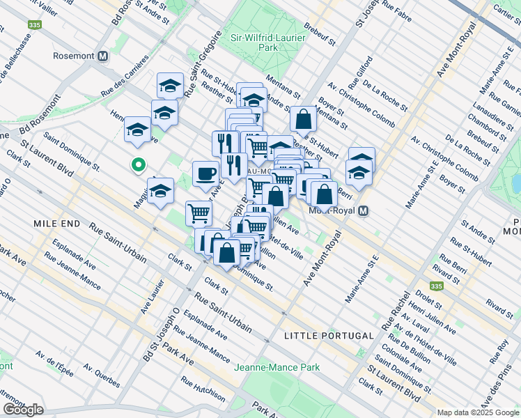 map of restaurants, bars, coffee shops, grocery stores, and more near 4878 Henri Julien Avenue in Montreal