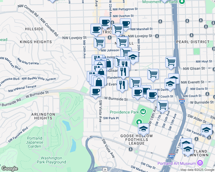 map of restaurants, bars, coffee shops, grocery stores, and more near 2229 Northwest Everett Street in Portland