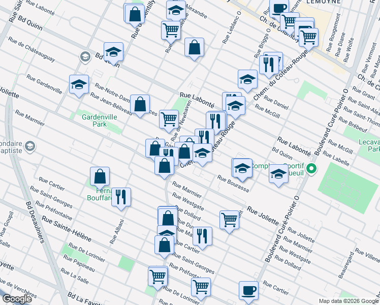 map of restaurants, bars, coffee shops, grocery stores, and more near 1217 Rue Gardenville in Longueuil