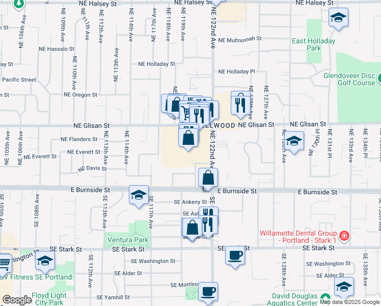 map of restaurants, bars, coffee shops, grocery stores, and more near 11939 Northeast Davis Street in Portland