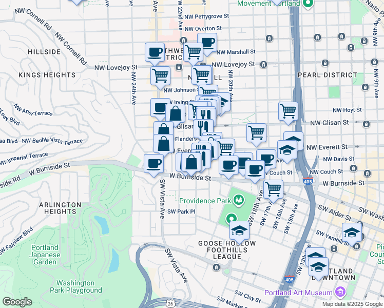 map of restaurants, bars, coffee shops, grocery stores, and more near 2162 Northwest Everett Street in Portland