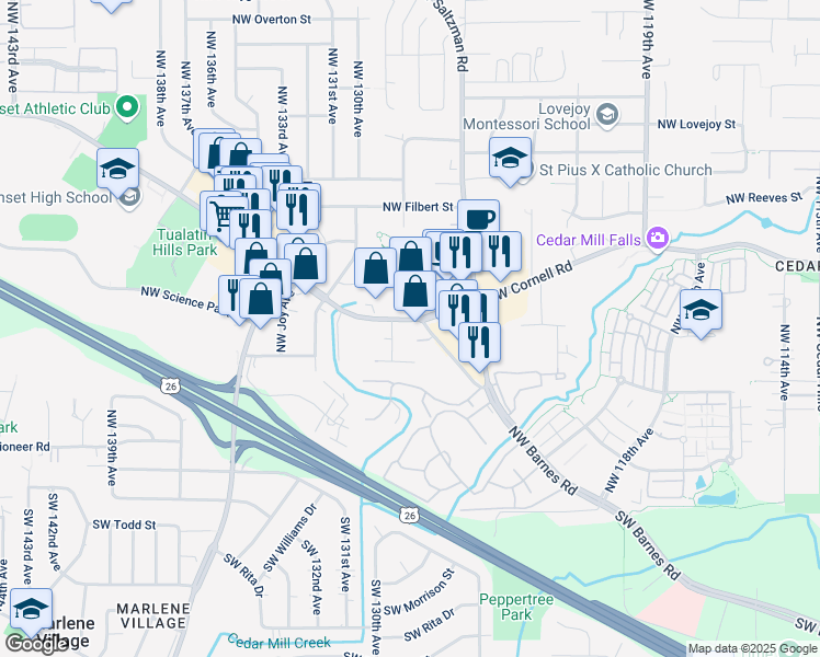 map of restaurants, bars, coffee shops, grocery stores, and more near 12923 Northwest Cornell Road in Portland