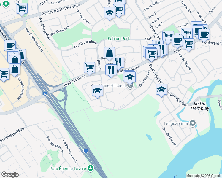 map of restaurants, bars, coffee shops, grocery stores, and more near 590 Rue Bladen in Laval