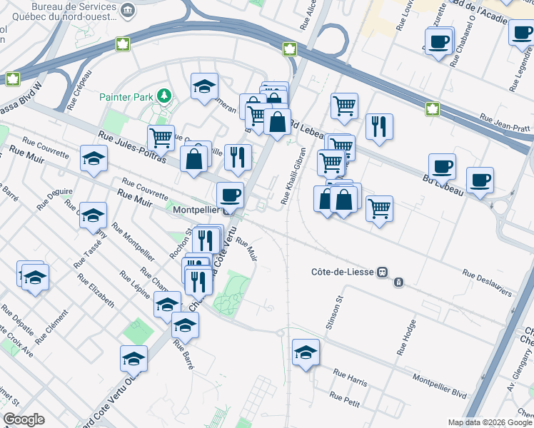 map of restaurants, bars, coffee shops, grocery stores, and more near 910 Rue Jules-Poitras in Montréal