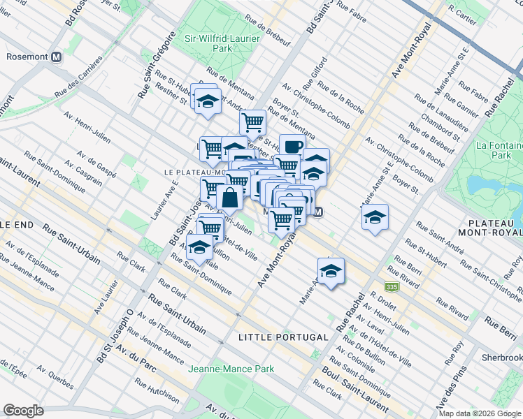 map of restaurants, bars, coffee shops, grocery stores, and more near 4638 Rue Saint-Denis in Montréal