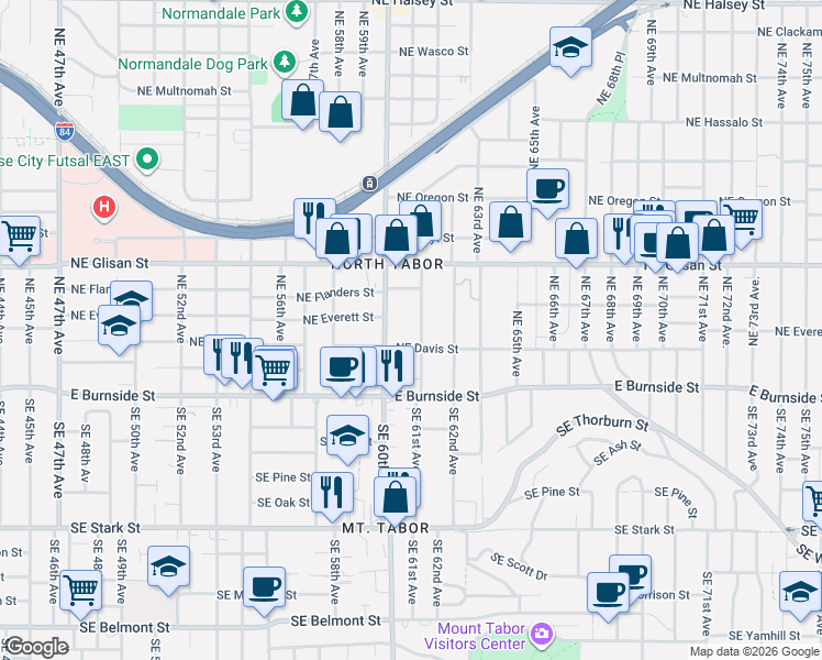 map of restaurants, bars, coffee shops, grocery stores, and more near 227 Northeast 61st Avenue in Portland