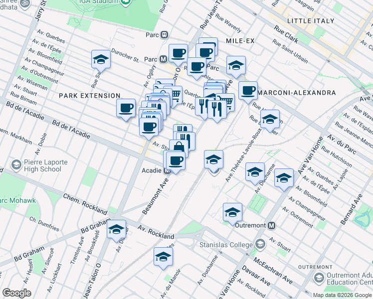 map of restaurants, bars, coffee shops, grocery stores, and more near 901 Avenue Beaumont in Montréal