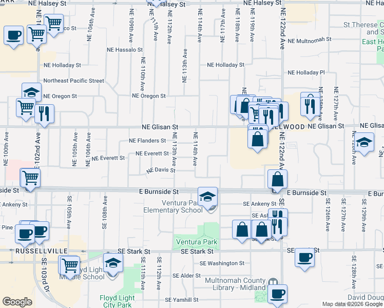 map of restaurants, bars, coffee shops, grocery stores, and more near 333 Northeast 114th Avenue in Portland