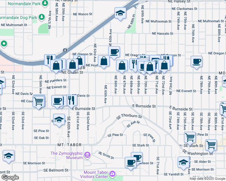 map of restaurants, bars, coffee shops, grocery stores, and more near 6524 Northeast Flanders Street in Portland