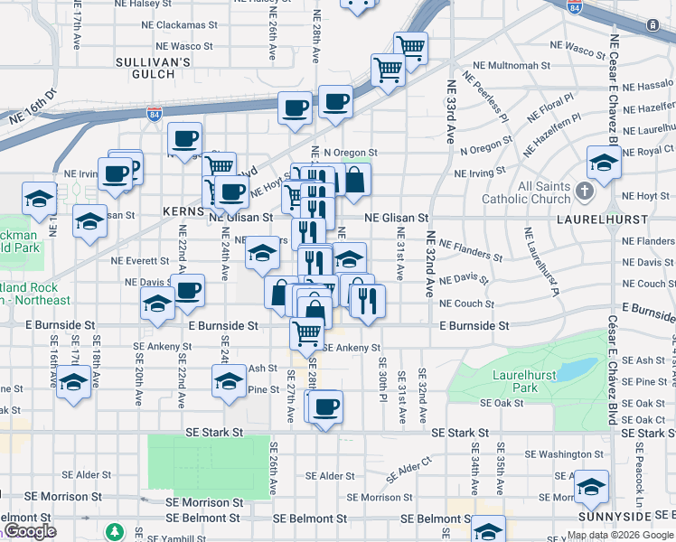 map of restaurants, bars, coffee shops, grocery stores, and more near in Portland