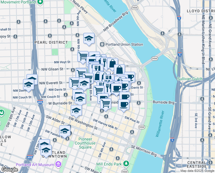 map of restaurants, bars, coffee shops, grocery stores, and more near in Portland