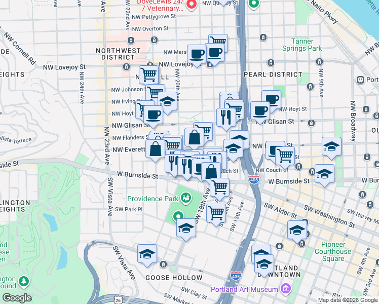 map of restaurants, bars, coffee shops, grocery stores, and more near 298 Northwest Trinity Place in Portland