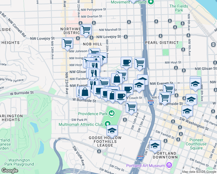 map of restaurants, bars, coffee shops, grocery stores, and more near 311 Northwest 20th Avenue in Portland