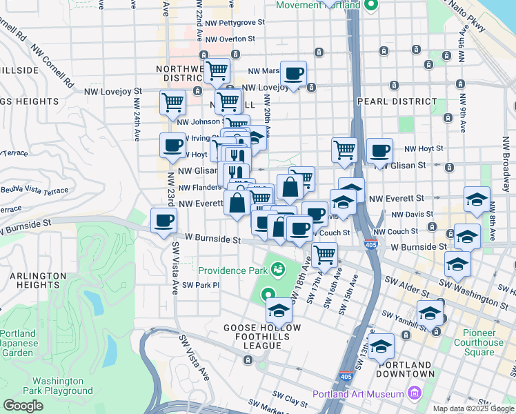 map of restaurants, bars, coffee shops, grocery stores, and more near 311 Northwest 20th Avenue in Portland