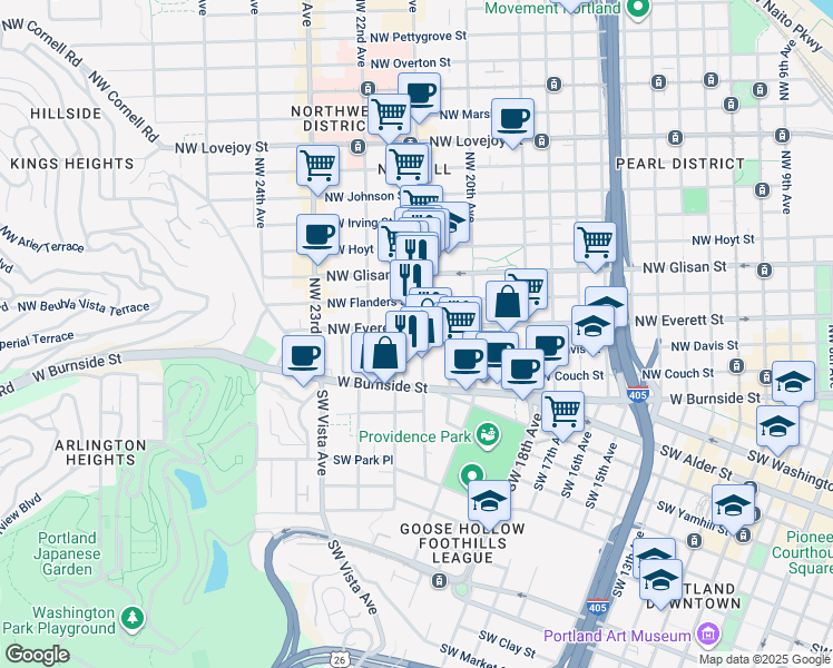map of restaurants, bars, coffee shops, grocery stores, and more near in Portland