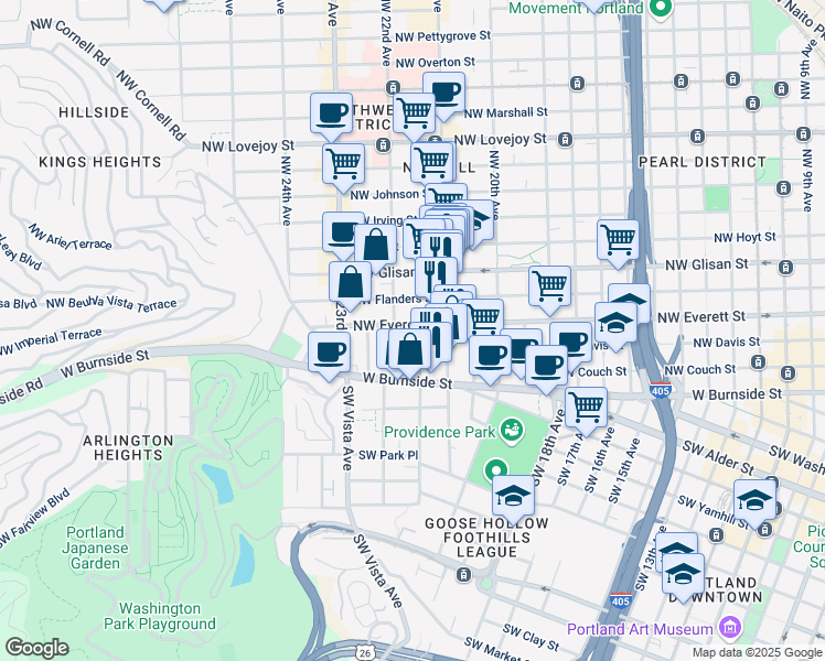 map of restaurants, bars, coffee shops, grocery stores, and more near 2149 Northwest Everett Street in Portland