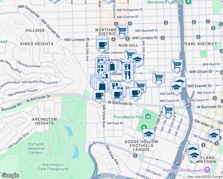 map of restaurants, bars, coffee shops, grocery stores, and more near 2229 Northwest Everett Street in Portland
