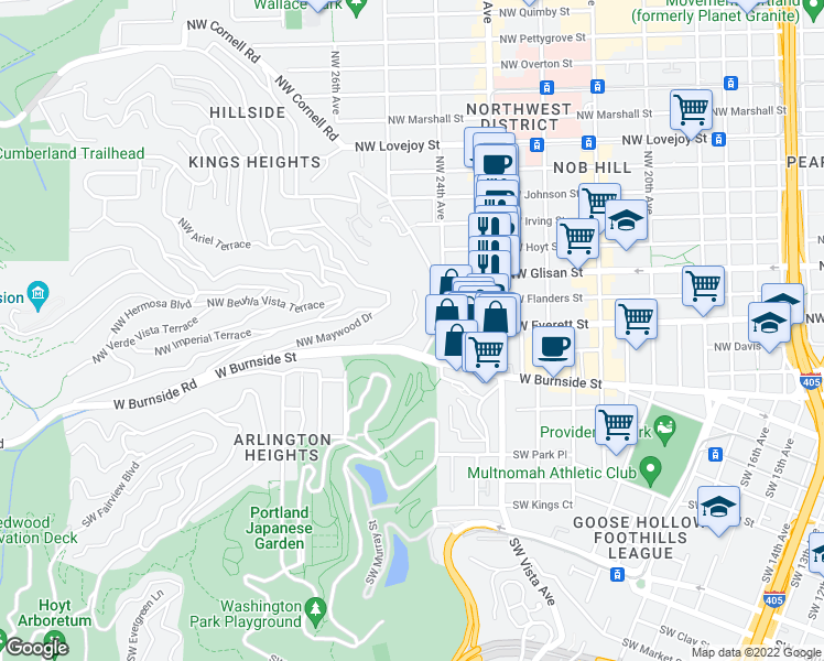 map of restaurants, bars, coffee shops, grocery stores, and more near 310 Northwest Uptown Terrace in Portland
