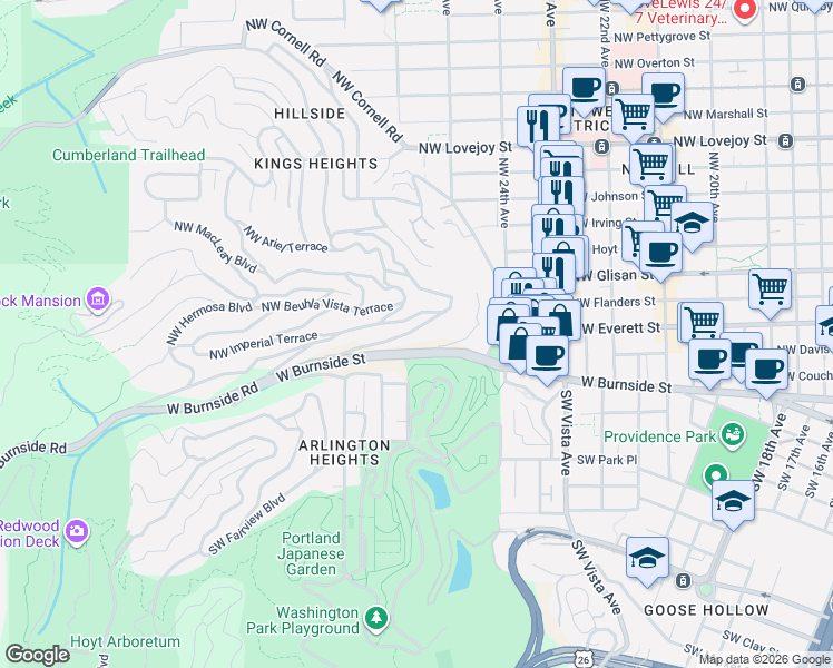 map of restaurants, bars, coffee shops, grocery stores, and more near 2562 Northwest Mildred Street in Portland