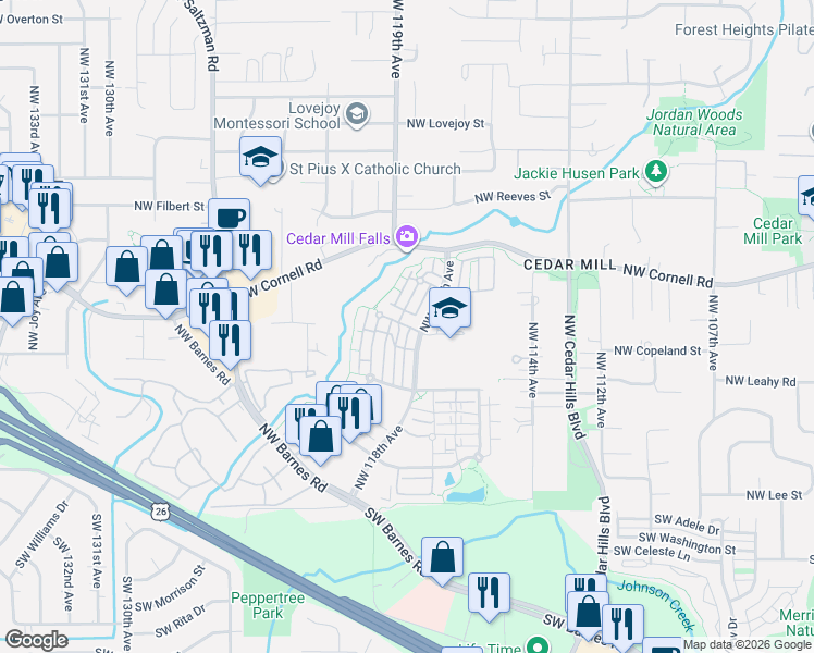 map of restaurants, bars, coffee shops, grocery stores, and more near 11735 Northwest Holly Springs Lane in Portland