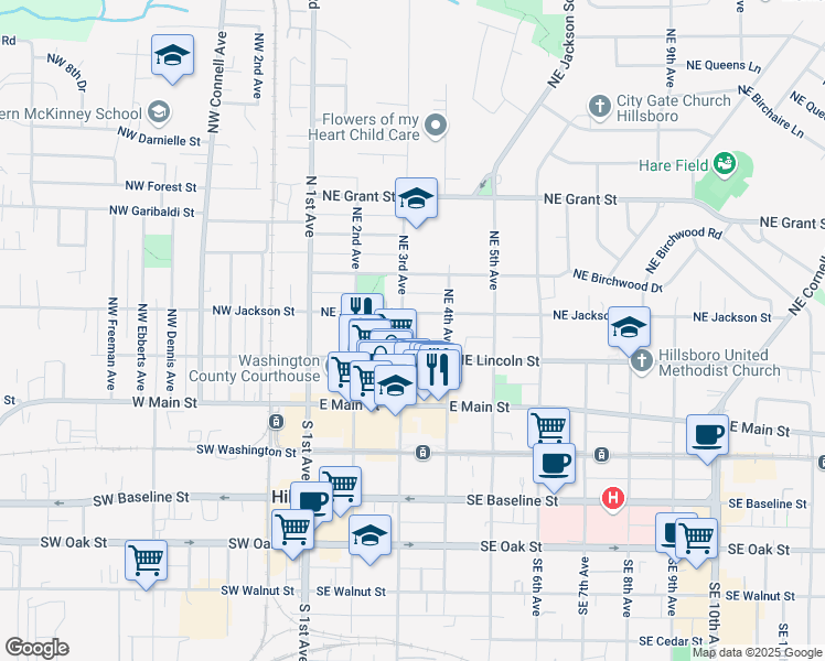 map of restaurants, bars, coffee shops, grocery stores, and more near 354 Northeast Jackson Street in Hillsboro