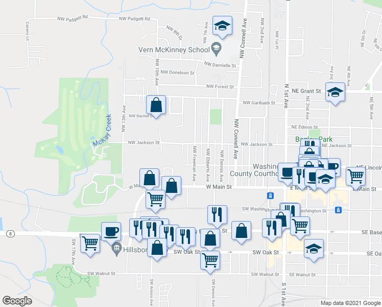 map of restaurants, bars, coffee shops, grocery stores, and more near 650 Northwest Jackson Street in Hillsboro